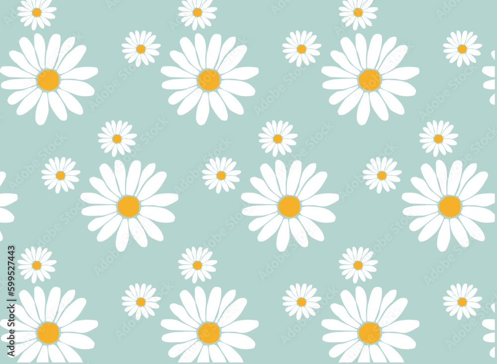 Seamless Pattern With Daisy Flower And Little Hearts On Blue Vintage Background. And Daisy Icons	