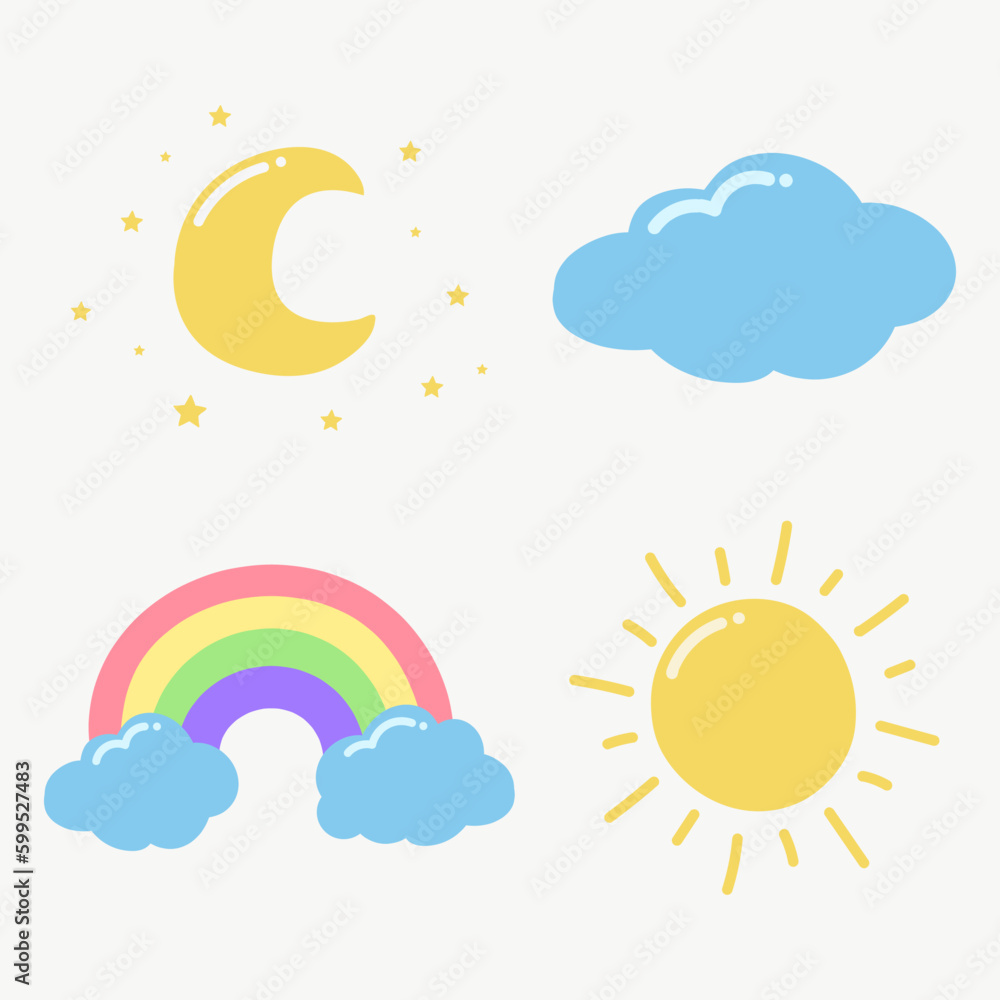 The collection of the sky hand drawn, moon with stars, cloud, sun, rainbow cute set The collection of the sky hand drawn, moon with stars, cloud, sun, rainbow cute set