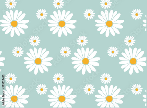 Seamless Pattern With Daisy Flower And Little Hearts On Blue Vintage Background. And Daisy Icons 