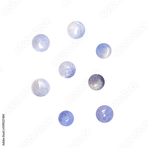 Watercolor illustration of light blue and blue air bubbles highlighted on a white background. Round transparent balls made of air. Suitable for packaging design of soap, shampoo, cosmetics, postcards