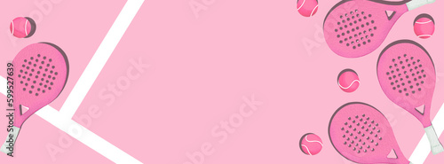 Summer sport for women. Tennis racket and ball on the pink court. Template for banner with copy space