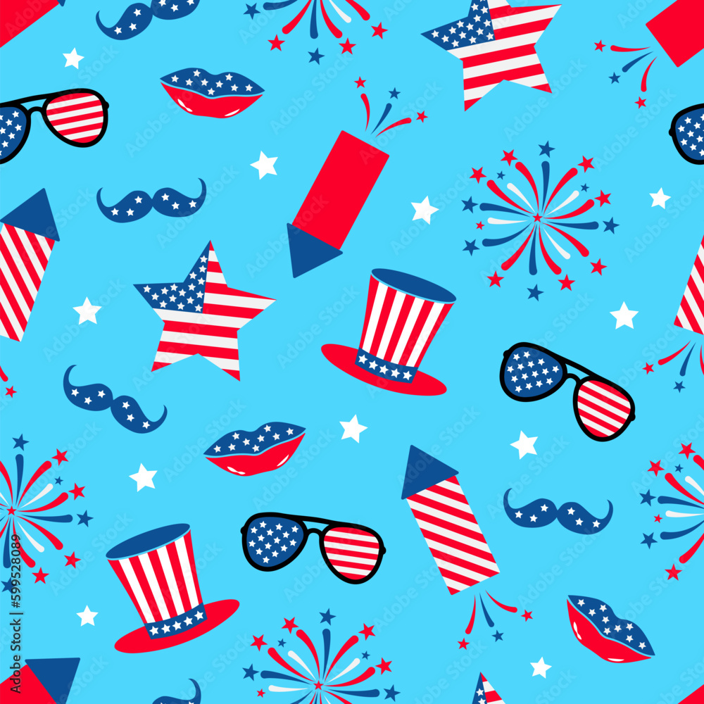 American patriotic seamless pattern. Fourths of July traditional background. Cracker and fireworks backdrop. Vector template for fabric, textile, wallpaper, wrapping paper, etc. American patriotic seamless pattern. Fourths of July traditional background. Cracker and fireworks backdrop. Vector template for fabric, textile, wallpaper, wrapping paper, etc.
