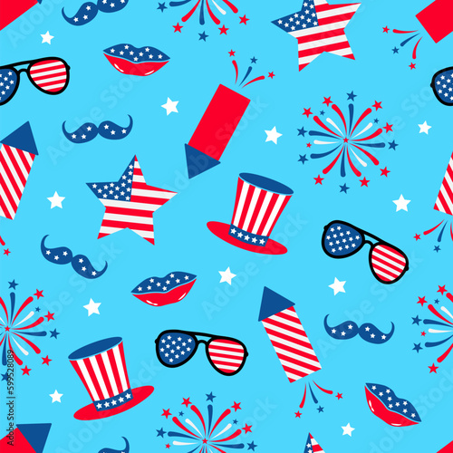 American patriotic seamless pattern. Fourths of July traditional background. Cracker and fireworks backdrop. Vector template for fabric, textile, wallpaper, wrapping paper, etc.