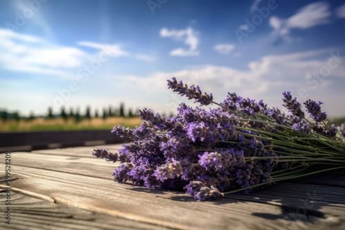 Countryside Lavender Display. Fragrant Lavender Stems on a Rustic Wooden Table. Rural Elegance AI Generative. 