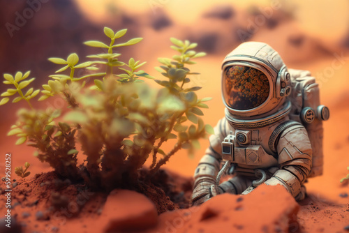 Astronaut found a plant on Mars, futuristic fantasy image, colonization of Mars red planet, new life, grows a plant AI Generative