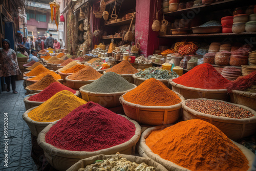 Flavorful Delights. Explore the array of spices, including cinnamon, saffron, turmeric, and cumin, at a bustling spice market surrounded by colorful buildings. Culinary concept AI Generative