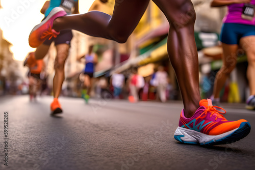 Close-up of a Group of Runners Legs in a Road Race, Running the the Streets of a City,  Generative AI