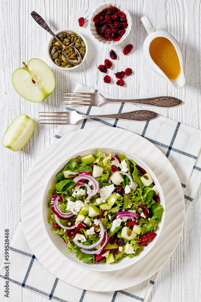 Green Salad with Apples, Goat Cheese, Cranberries, Red Onion and green pumpkin seeds in white bowl on white wood table with forks and ingredients, vertical view