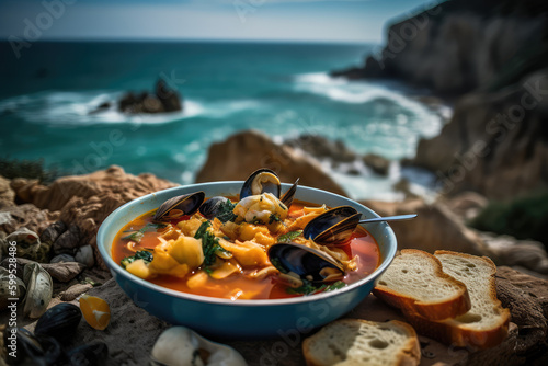 Mediterranean Sea Feast. Dive into a mouthwatering dish of bouillabaisse served on a vibrant plate, accompanied by a breathtaking beach background. Copy space. Cuisine concept AI Generative photo