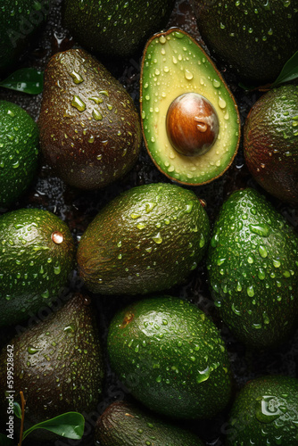 Fresh Green Avocados with Droplets of Water and Leafs  Top-View Close-Up Background