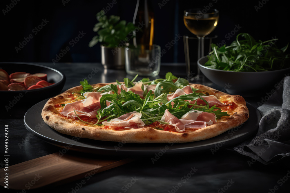 Artisanal Pizza Perfection: Savor the Flavorful Combination of Prosciutto, Arugula, and Shaved Parmesan on a Thin Crispy Crust Ai Generative Artisanal Pizza Perfection: Savor the Flavorful Combination of Prosciutto, Arugula, and Shaved Parmesan on a Thin Crispy Crust Ai Generative