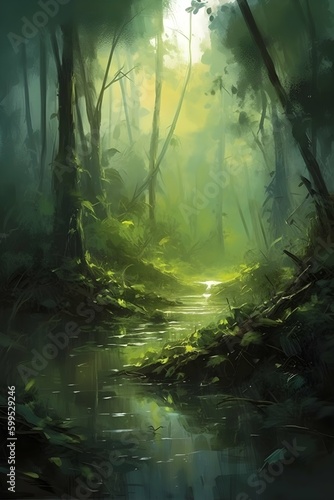 digital brush painting jungle landscape trees  plants and swamp created with Generative AI technology