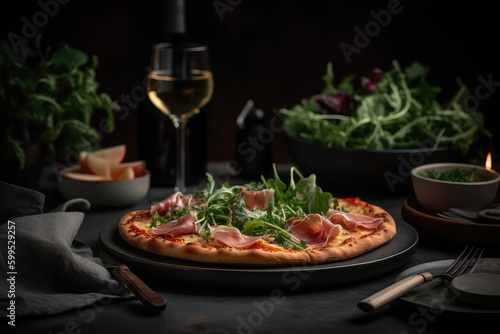 Artisanal Pizza Perfection: Savor the Flavorful Combination of Prosciutto, Arugula, and Shaved Parmesan on a Thin Crispy Crust Ai Generative