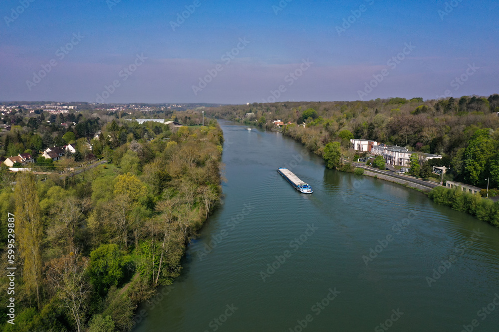 aerial view of a barge on the Seine in Seine et Marne