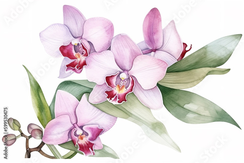 orchid and leaves watercolor flower illustration, can be used as greeting card, invitation card for wedding, birthday and other holiday, white background