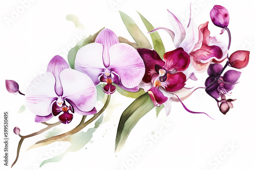orchid and leaves watercolor flower illustration, can be used as greeting card, invitation card for wedding, birthday and other holiday, white background