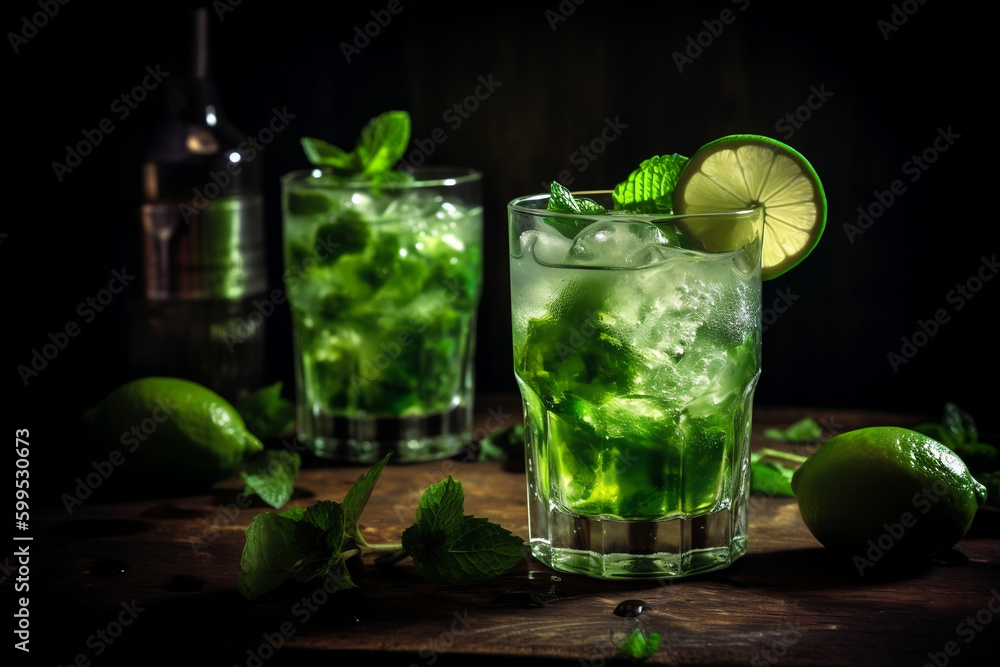 Refreshing Mojito Cocktail, limes, lemons on wooden table | Ai generative Refreshing Mojito Cocktail, limes, lemons on wooden table | Ai generative