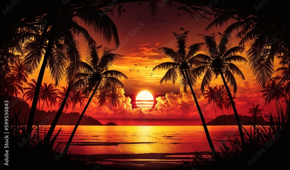 Evening on the beach with palm trees. colorful picture for rest. Blue palm trees at sunset.