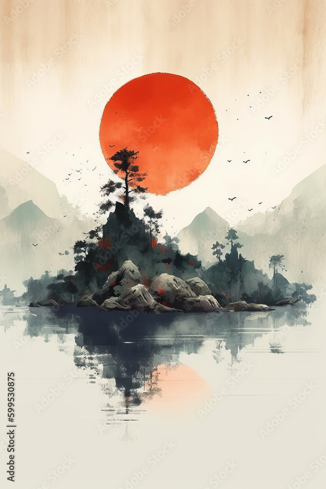 Japanese art, minimal, watercolors. Japanese tradition and culture