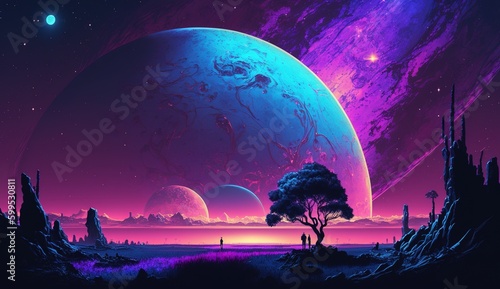 Futuristic fantasy landscape  sci-fi landscape with planet  neon light  cold planet.