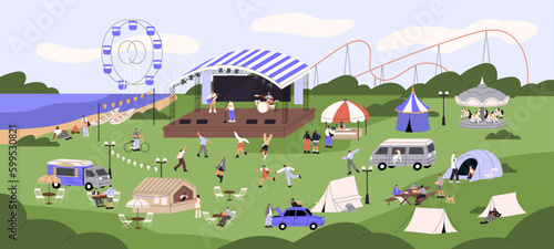 Music festival with outdoor stage, relaxing people. Open-air event, summer fest in public park, nature. Concert, picnic with tents and food trucks, landscape panorama. Flat vector illustration