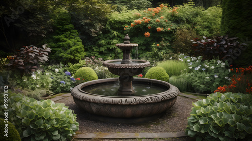 A serene water fountain surrounded by neatly trimmed bushes and plants in a peaceful garden setting