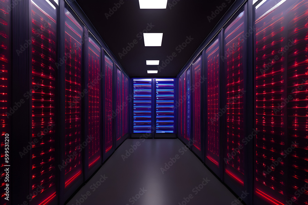 server room with pink and violet lights, generative AI server room with pink and violet lights, generative AI