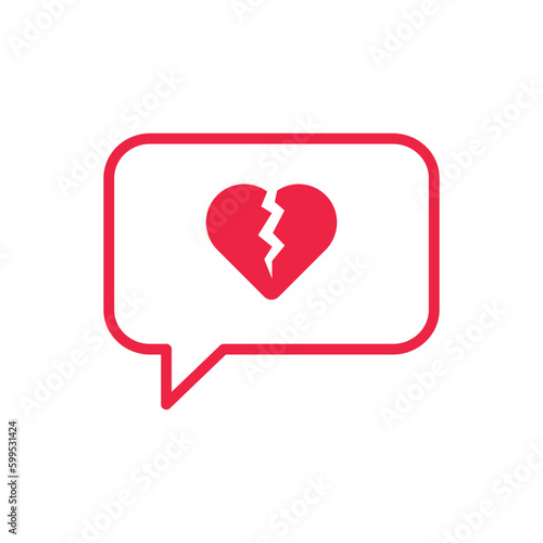 broken heart like thin red instant message. concept of split in relationship and unloved or loveless message. linear flat style trend modern simple unlike app logotype graphic design isolated on white