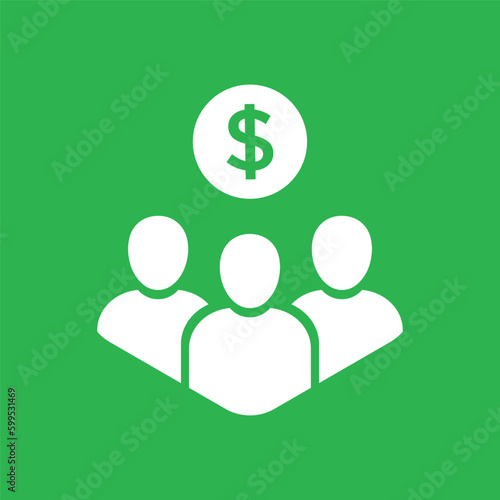 white people team icon with dollar sign like shareholders. concept of economy success or crowdfunding trust symbol. flat simple trend ico with dolar logotype graphic design element isolated on green