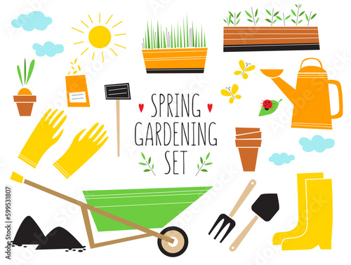 Spring gardening. Set of the gardening equipment