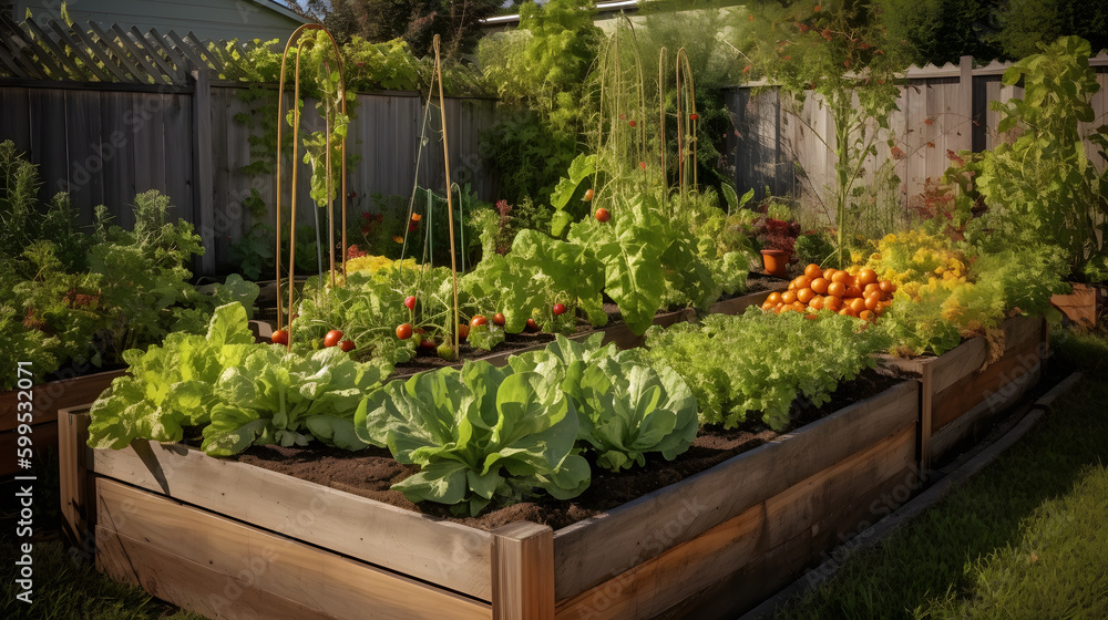 A raised garden bed filled with an assortment of vegetables, including tomatoes, lettuce, and peppers, in a sunny backyard A raised garden bed filled with an assortment of vegetables, including tomatoes, lettuce, and peppers, in a sunny backyard