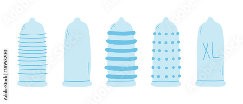 Set of condoms in flat style. Vector illustration. Collection of different types of condoms. Hand drawn style. Type of contraception.