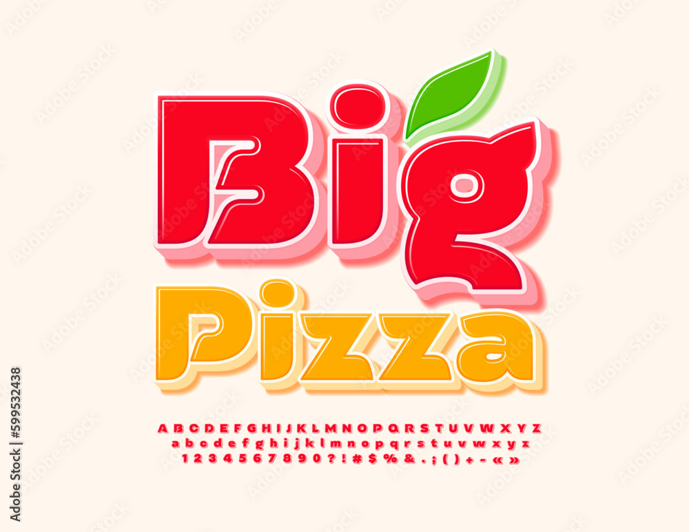 Vector advertising banner Big Pizza with decorative Leaf. 3D bright Font. Creative set of Red Alphabet Letters, Numbers and Symbols