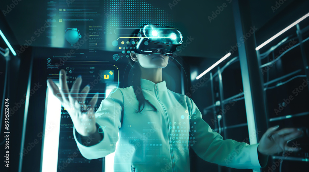 Expert person wearing Virtual reality headsets for working or research medical treatment.technology futuristic education.generative ai technology. Expert person wearing Virtual reality headsets for working or research medical treatment.technology futuristic education.generative ai technology.