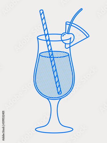 Pina colada cocktail with a straw, cherry, and pineapple wedge. Line art, retro. Vector illustration for bars, cafes, and restaurants.
