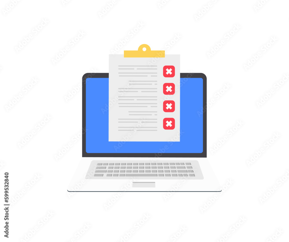 Clipboard with check list and cross marks on laptop screen logo design. Checklist and Red Cross Mark Brush, Red X mark, X Sign on laptop screen vector design and illustration. Clipboard with check list and cross marks on laptop screen logo design. Checklist and Red Cross Mark Brush, Red X mark, X Sign on laptop screen vector design and illustration.