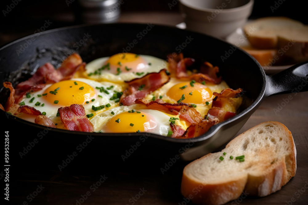 Delicious breakfast with eggs and bacon cooking in pan on stove. created with Generative AI Delicious breakfast with eggs and bacon cooking in pan on stove. created with Generative AI