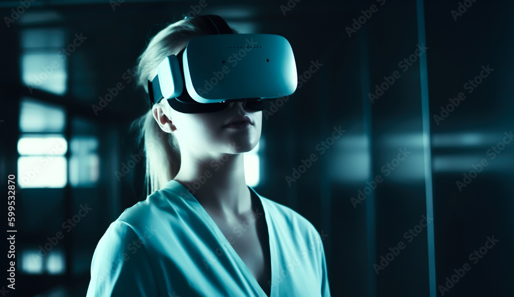 Expert person wearing Virtual reality headsets for working or research medical treatment.technology futuristic education.generative ai technology. Expert person wearing Virtual reality headsets for working or research medical treatment.technology futuristic education.generative ai technology.