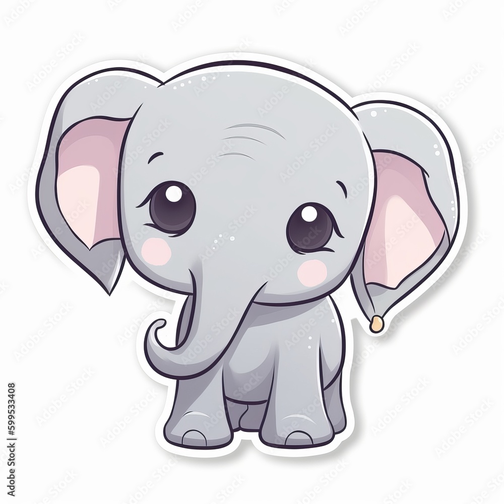 A joyful chibi Elephant sticker with a white background, baby elephant cartoon sticker, cute elephant sticker, Generative AI