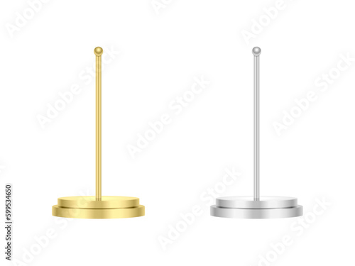 Metallic Table Flag Pole Gold and Silver Color 3d Vector Illustration