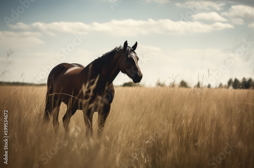 Horse Grazing Amidst Tall Grass in a Peaceful Field. Generative AI