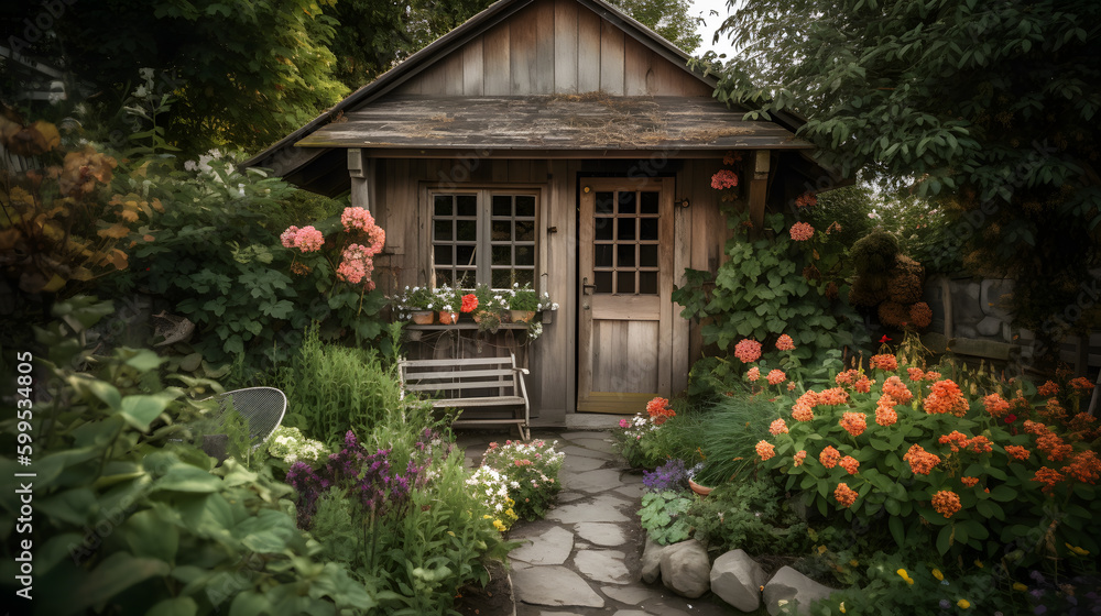 A quaint garden shed surrounded by a beautiful array of blooming flowers and plants