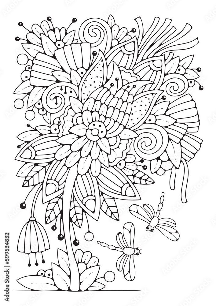Coloring page with large flower and buds. Vector black and white ...