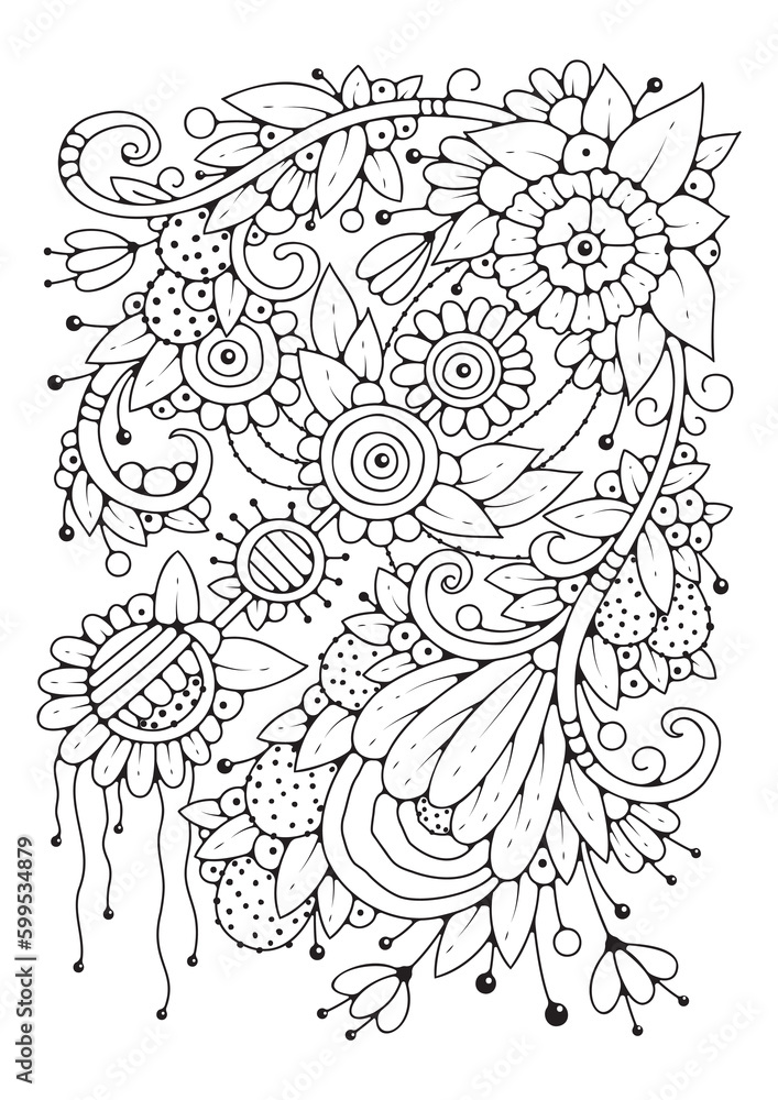 Coloring book page for children and adults. Black and white flowers for ...