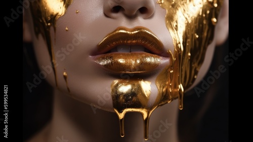 Gold paint on a beautiful model girl's face. Close up view. Generative AI