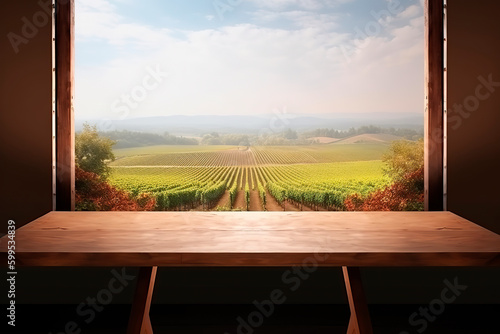 Empty wooden table  vineyard view out of open window  Template for product presentation. Generative AI