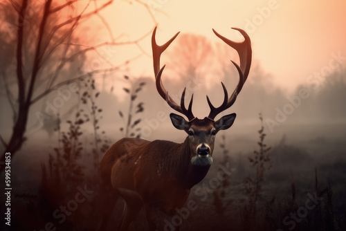 Sunset Stag  Majestic Deer with Large Antlers and Dark Headstock in Field. Generative AI