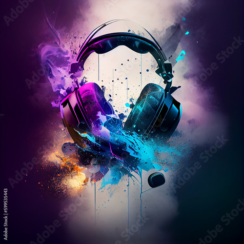 Gaming headset, abstract background, with pain splashing.
