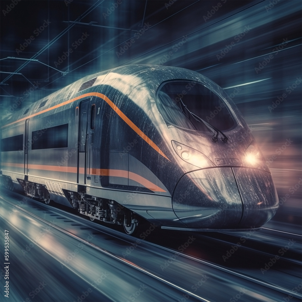 High speed train with motion blur background. Futuristic technology, hi tech future digital transport concept. Generative Ai