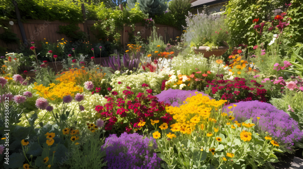 Obraz premium A vibrant flower garden with an array of colors, including purple, yellow, and red, in a sunny backyard